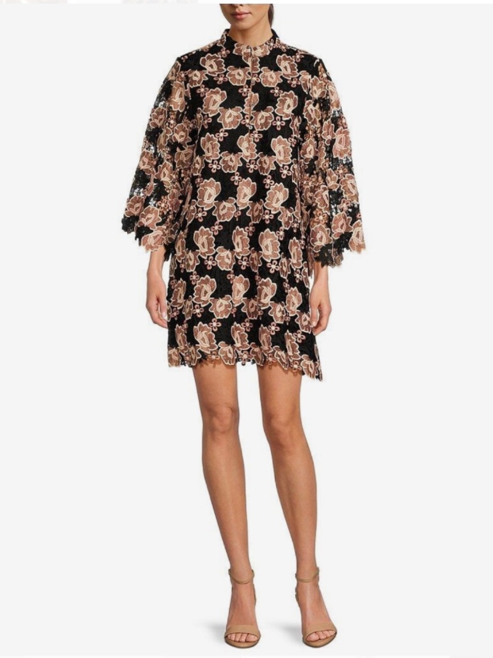 J.MarieTalia Floral Lace Mandarin Collar Bell Mid Sleeve Shift Above Knee Dress